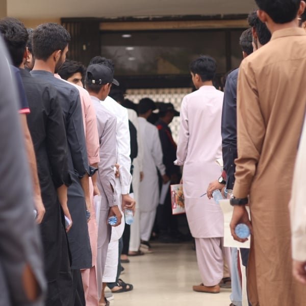 Candidates lined up at Pre-admissions Test